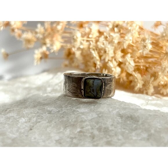 Jasper Gemstone Straight Banded Carved Pewter Statement Vintage Ring - sz 11 - Picture 8 of 13